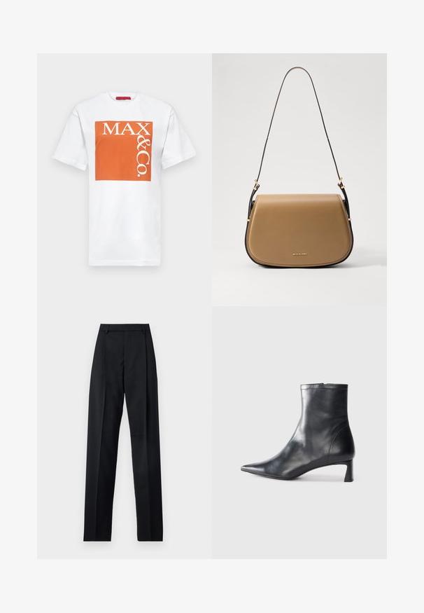 MAX&Co. TEE - Print T-shirt - orange; Black trousers made from smooth fabric featuring a high waist, wide legs, front pleats, and classic belt loops. No side pockets visible.; Black leather ankle boot with a pointed toe and a sleek design. Features a low heel and a zipper closure at the back. Smooth texture.; Tan leather crossbody bag with a curved shape, gold hardware accents, and a slim dark strap. Smooth texture with stitching details.