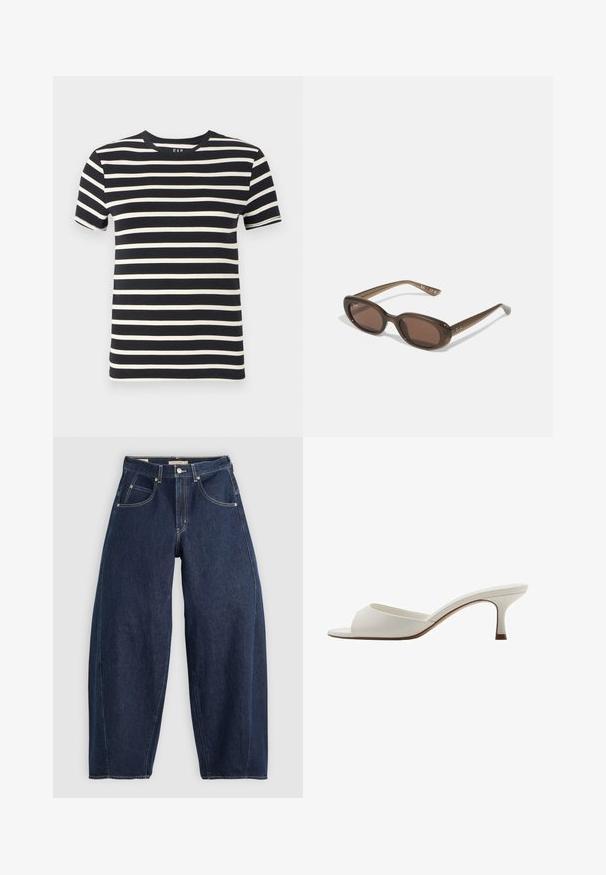 Námořnická modrá tričko s horizontálními krémovými pruhy, kulatým výstřihem, krátkými rukávy a měkkým bavlněným materiálem. Okraje jsou čistě zpracované.; Tmavě modré džíny z denimu s volným střihem, světlým prošíváním, pěti kapsami a knoflíkovým zapínáním v pase.; Bílé otevřené lodičky na vysokém podpatku s hladkým povrchem, minimalistickým designem a štíhlým podpatkem, se slabým hnědým akcentem na podrážce.; Hnědé oválné sluneční brýle s tmavými skly. Rámeček je z průhledného hnědého materiálu a má na stranách potisk s logem.