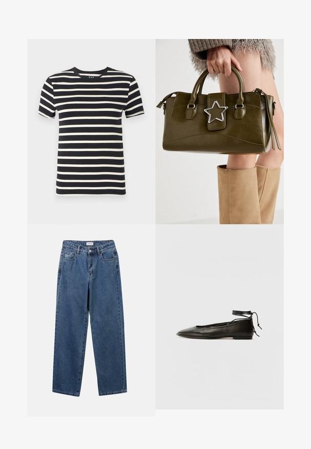 Námornícky modré tričko s horizontálnymi krémovými pruhmi, okrúhlym výstrihom, krátkymi rukávmi a mäkkým bavlneným materiálom. Okraje sú čisto zakončené.; Klasické modré džínsy z denimu so strihom rovného strihu, piatimi vreckami a zapínaním na gombík. Majú stredné praním a pevnú textúru.; Čierne kožené baletky s špicatou špičkou, viazaním okolo členka a plochou podrážkou, s hladkou textúrou a minimalistickým dizajnom.; Olive zelená kabelka z faux kože s striebornou hviezdou, dvojitými uchami a zipsovým uzáverom. Textúrovaný povrch a štruktúrovaný tvar.