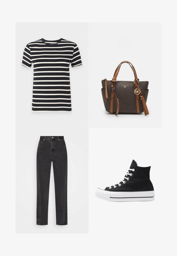 T-shirt bleu marine avec des rayures crémeuses horizontales, encolure ronde, manches courtes et en coton doux. Les bords sont finement finis.; Jeans en denim noir à jambe droite avec taille haute, bouton et fermeture éclair à l'avant, et style cinq poches sur fond blanc.; Baskets montantes noires en toile avec œillets, lacets et semelle en caoutchouc blancs. Présentent un orteil texturé et des accents rayés noir et blanc.; Sac à main monogram marron avec deux poignées, quincaillerie dorée et un pompon détachable. Il dispose d'une fermeture zippée en haut et de poches latérales.