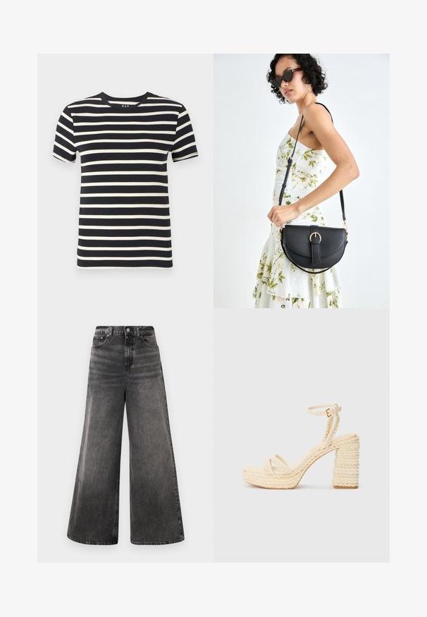 Marineblå t-shirt med horisontale cremefarvede striber, rund halsudskæring, korte ærmer og blødt bommateriale. Kanterne er fint afsluttede.; Bredde sorte denim jeans med en blødvasket finish, fem-lomme design og knaplukning i taljen, med stikninger som detaljer.; Beige strop sandaletter med fletet jute platform og hæl, der har en tynd ankelrem og en glat fodseng.; Sort læderhåndtaske med en buet form, aftagelig rem og guldfinish. Tasken har en klap med en spænde detalje.