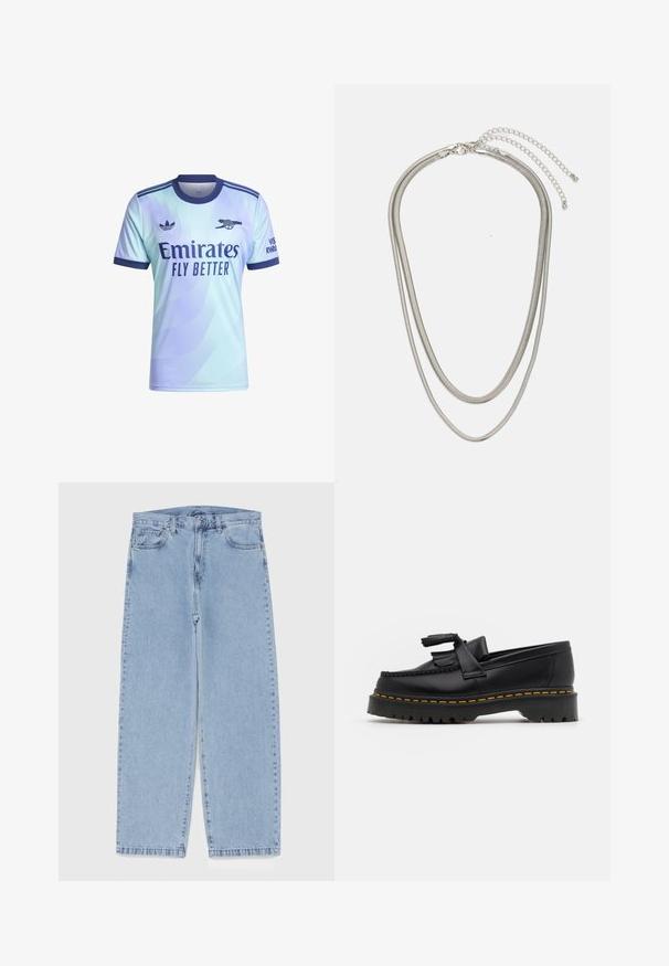 Lichtblauwe t-shirt met korte mouwen, afgewerkt met een gradient patroon, marineblauwe accenten, het "Emirates Fly Better" logo en Adidas branding op de schouder.; Lichtblauwe denim jeans met een recht model, voorzien van een middelhoge taille, vijf zakken en een knoop- en ritssluiting.; Zwarte leren loafers met een franjesaccent, voorzien van een dikke zwarte zool en gele stiksels langs de rand. Gevoelige afwerking.; Driedelige zilveren metalen halsketting met slanke, flexibele kettingen met een lichte glans, beveiligd met een karabijnhaak en een verstelbare ketting.