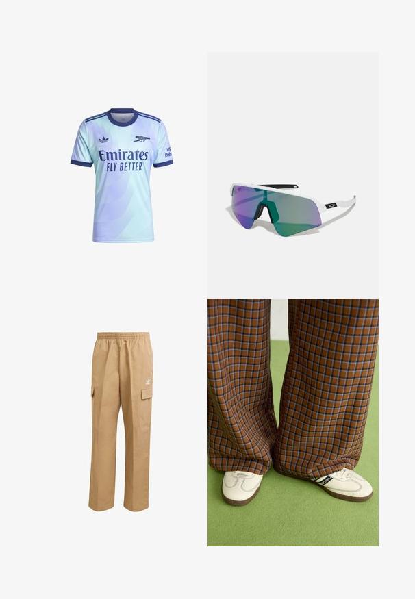 Svijetloplava majica kratkih rukava s gradijentnim uzorkom, mornarskim akcentima, logotipom "Emirates Fly Better" i Adidas oznakom na ramenu.; Svijetlosmeđi cargo hlače s elastičnom stražnjom trakom, dva bočna cargo džepa i mali bijeli logo na gornjoj lijevoj butini. Glatka tekstura.; Smeđe i plave karirane široke hlače uparene s bijelim cipelama s crnim akcentima i teksturiranim potplatom, na zelenoj pozadini.; Sportske sunčane naočale s bijelim okvirom i velikim lećama s gradijentnim nijansama ljubičaste i zelene boje; oštar kutni dizajn s centralnim mostom za nos.
