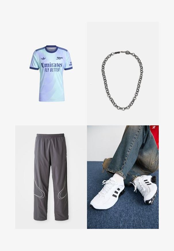 Vaaleansininen lyhytnukkainen paita, jossa on gradienttikuvio, tummansinisiä yksityiskohtia, "Emirates Fly Better" -logo ja Adidas-brandi olkapäällä.; Miestne šedé atletické nohavice s elastickým pásom, so zipsom na vreckách a reflexnými bielymi akcentmi po stranách. Ľahký, hladký materiál.; Valkoiset verkkomateriaalista valmistetut urheilukengät mustilla yksityiskohdilla, joissa on teksturoitu muotoilu ja erottuva pohja, paritettu sinisten farkkujen kanssa.; Metallinen ketjun kaulaketju, jossa on pitkänomaisia linkkejä tummassa metallinvärisessä sävyssä. Sisältää geometrisen koristeen ja klipsin, jossa on brändäysdetalji.