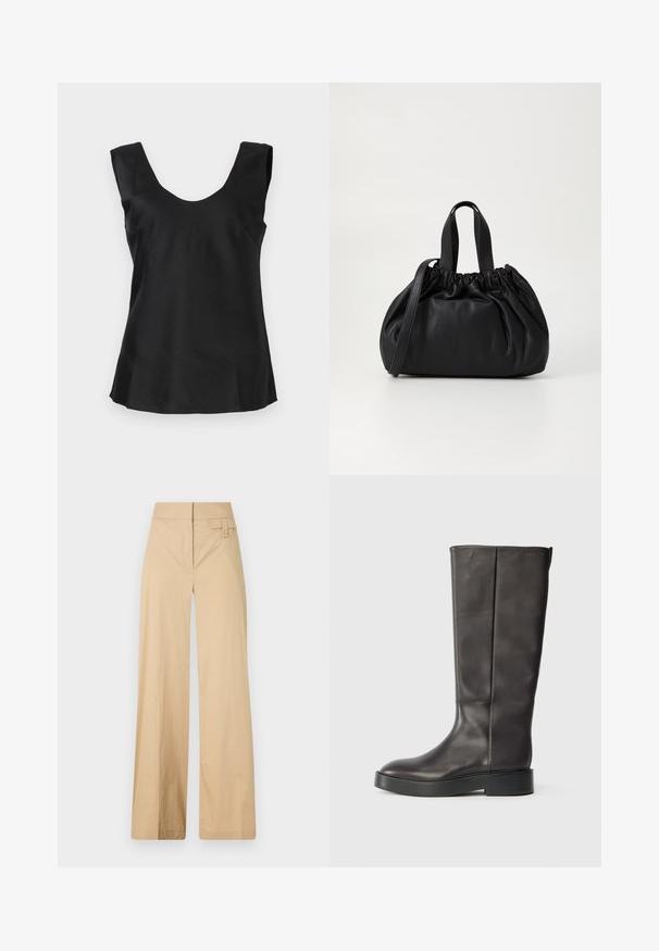 Black sleeveless top with a rounded neckline, featuring a smooth, slightly glossy fabric and a flared hemline.; Beige wide-leg pants made of cotton blend fabric. Features a smooth texture, elastic waistband, and a side button detail.; Black knee-high leather boot with thick sole and subtle Calvin Klein logo near the top edge, shown from the side.; Black leather handbag with a gathered top design, featuring two short handles and a long adjustable strap. Smooth texture, rounded shape.
