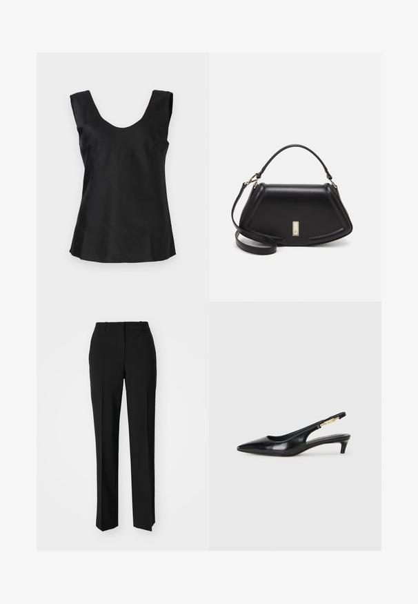 Sort ærmeløs top med en rund halsudskæring, i en glat og let blankt stof samt en svajet kant.; Sorte skræddersyede bukser med lige ben-design, der har en glat tekstur og skarpe folder langs fronten. Ingen synlige hardware.; Sorte læder slingback hæle med spids tå, der har en slank hæl og en guldfarvet detalje på den justerbare rem. Glat tekstur.; Sort læderhåndtaske med en struktureret design, der har en kortet form, tophåndtag og guld hardware-accenter. Justerbar skulderrem inkluderet.