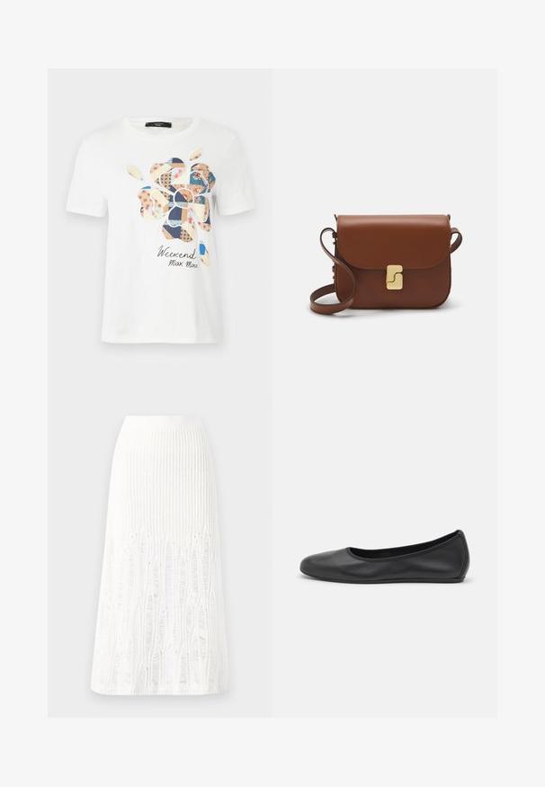 Tricou din bumbac alb cu un design de patch-uri colorate de flori, având diferite modele. Textul "Weekend Max Mara" este imprimat dedesubt.; Fustă midi tricotată albă, cu un model texturat ce include linii verticale și detalii decupate aproape de tiv. Talie elastică. Material moale.; Balerini din piele neagră, cu vârf rotund, textură netedă, detalii de cusătură minimale și un design al tălpii flexibil.; Geantă de piele maro cu închidere tip capac, accesorii de culoare aurie, curea de umăr și o textură netedă. Formă compactă și rectangulară.