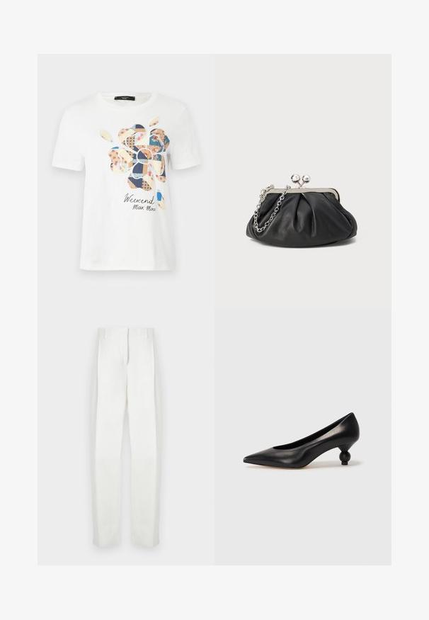 Bílý bavlněný tričko s barevným květinovým nášivkem s různými vzory. Pod ním je potisk s textem "Weekend Max Mara".; Paul Smith Kalhoty - white; Černá kožená vysoká bota na podpatku s špičatou špičkou a kulatým, zaobleným podpatkem. Hladká textura s elegantním, minimalistickým designem.; Černá kožená kabelka s nabíranou texturou, stříbrný kovový rám, uzávěr na klips a řetízkový popruh. Hladký, jemný povrch.