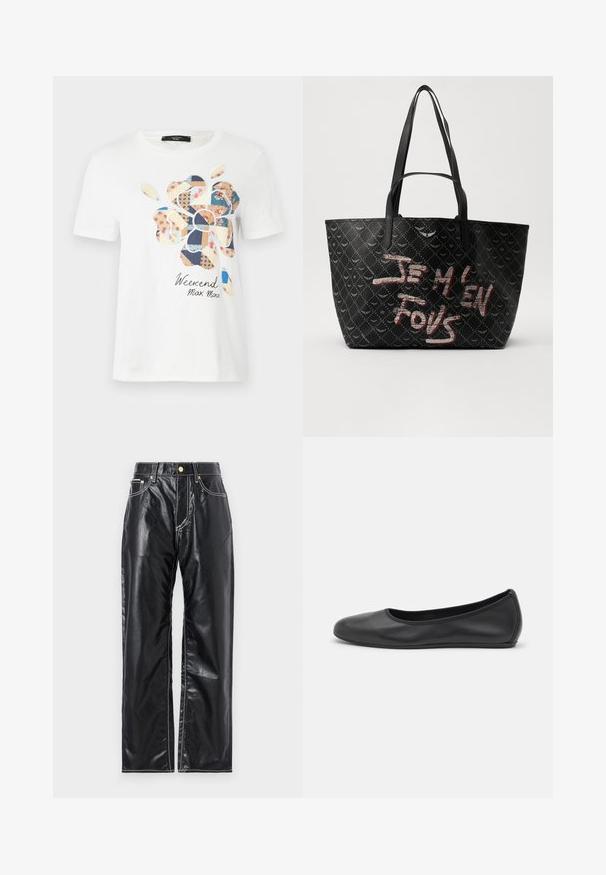 White cotton t-shirt featuring a colorful flower patch design with various patterns. Text reading "Weekend Max Mara" is printed below.; Black faux leather pants with a wide-leg cut, featuring white stitching, front pockets, and a gold button at the waistband.; Black leather ballet flat with a rounded toe, smooth texture, minimal stitching detail, and a flexible sole design.; Black tote bag with textured material featuring a diamond pattern, shoulder straps, and bold red and white text reading “JE M'EN FOUS.”