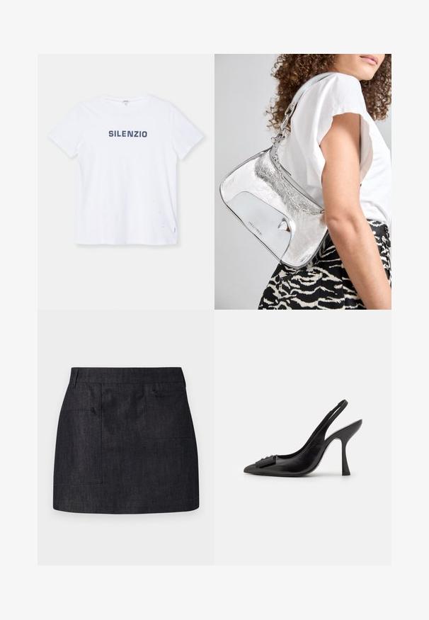 ASPESI T-shirt print - bianco; Donkerdenim rok met een rechte snit, voorzien van twee voorkwasten en een subtiele textuur. Schoon zoom en een standaard taillebandontwerp.; Zwarte leren slingback schoen met een spitse neus, slanke hoge hak en een decoratieve strikaccent. Gladde textuur en elegant ontwerp.; Zilverkleurige schoudertas van metaal met een gladde textuur, gebogen ontwerp, kettinghengsel en een gepolijste voorpaneel met een subtiele logo-engraving.; Zilveren oorbellen met een vloeiende, spiraalvormige ontwerp. Glad oppervlak met een gepolijste afwerking. Heeft een subtiele glans en geen zichtbare versieringen.