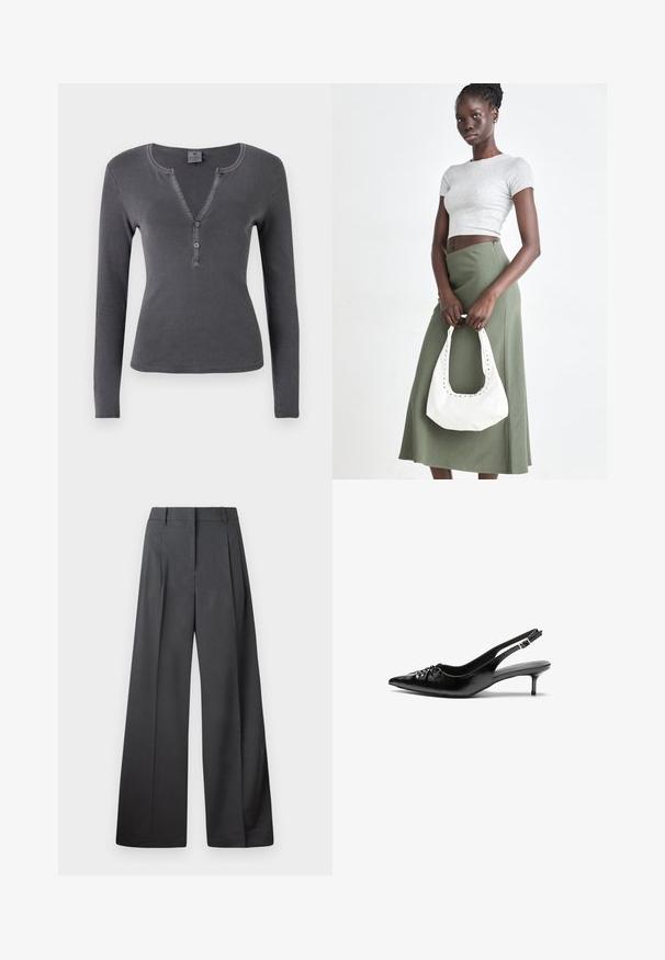 Pikad varrukad, tumesinine ribatreppidega topp V-kaelusega, kolme nööbiga ja keha järgiva lõikega. Pehme, siledustunne minimaalse õmblusega.; Tumesed püksid tumesinises kangas, kõrge vöökoht, üks voldik ning sile struktuur puhaste ääristega.; Musthave nahkased kõrged kontsad, millel on terav varvas, väike kitten-kont ja dekoratiivne sõlm ees. Ühtlane sile tekstuur.; Hallid hall pitsakene ja oliiviroheline kõrge vöökohtadega seelik. Mudel hoiab käes valget õlakotit, millel on lõikega detailid. Lihtne disain, vormiline siluett.