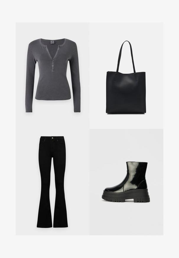 Langsleeve, donkergrijze geribbelde top met een V-hals, drie-knopenplacket en een aansluitend ontwerp. Zachte, gladde textuur met minimale stiksels.; Zwarte hoge taille jeans met een knoop- en ritssluiting, voorzakken en een flared pijp, plat gelegd op een witte achtergrond.; Zwarte glanzende enkelboot met dikke profielzool en ronde neus, zijaanzicht op een effen lichtgrijze achtergrond.; Zwarte leren handtas met een gladde textuur, rechthoekige vorm en twee lange handvaten. Geen zichtbare hardware of versieringen.
