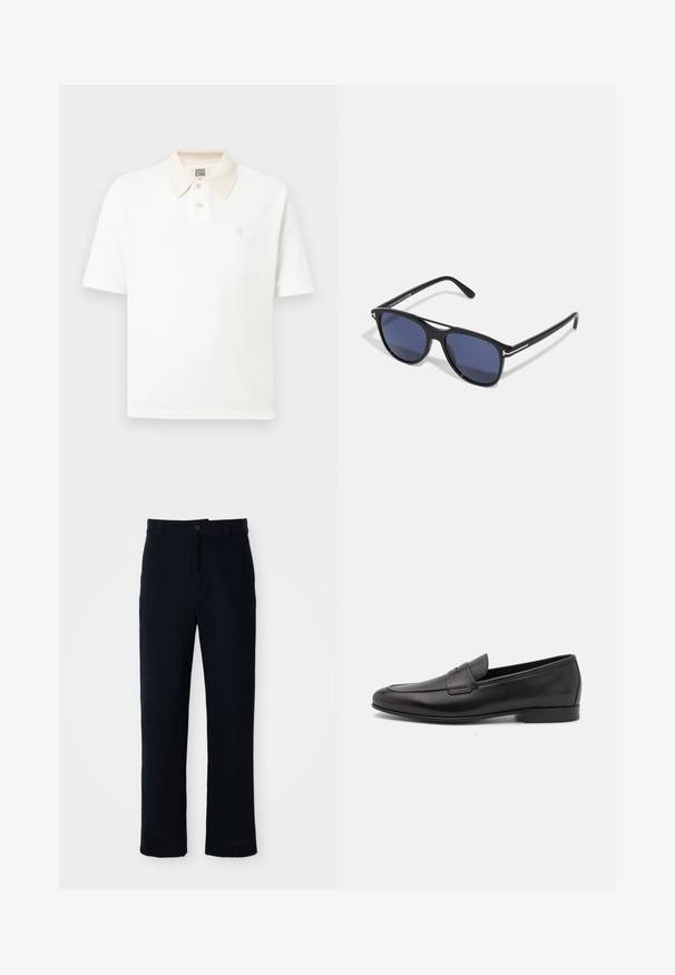 White short-sleeve polo shirt with beige collar, two buttons, textured fabric, and small embroidered logo on the chest.; Navy blue trousers made of cotton, featuring a straight-leg design, a front button closure, and classic waistband with belt loops.; Black leather men's loafer with a low heel and a classic penny strap design, shown in side profile on a white background.; Sunglasses with black plastic frame, blue tinted lenses, slightly rounded shape, and silver metal accents on the temples.