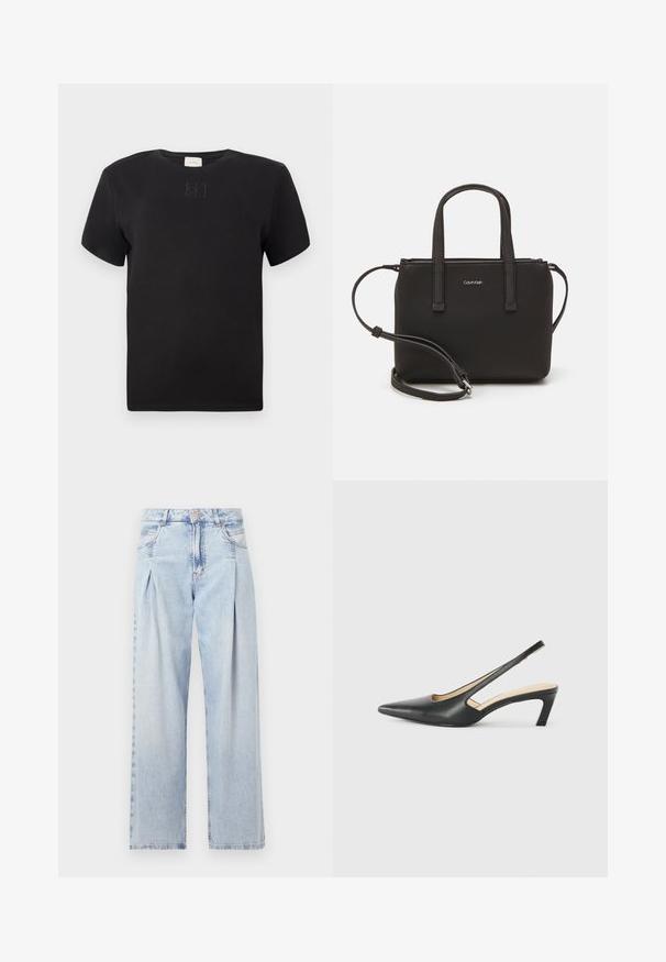 Melnas īsām piedurknēm t-kreklis ar maigi izšūtu Calvin Klein logo centrā uz krūtīm, vienkāršs dizains uz balta fona.; Gaiši zilas džinsu bikses ar augstu jostasvietu, plats kāju griezumu, divām sānu kabatām un krokotā dizaina akcentiem. Mīksta tekstūra ar izdilušu apdari.; Melna, ar smailu purngalu, slingback kurpe ar zemu papēdi, izgatavota no gludas ādas materiāla un ar izgriezumiem sānos gaisa caurlaidībai.; Melns roku soma ar divām īsām rokturiem un noņemamu plecu siksnu. Gluda ādas līdzīga materiāla ar rāvējslēdzēja aizdari un logos detaļu.
