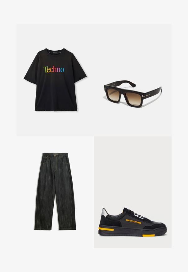 Černé tričko s krátkým rukávem, na němž je velkými barevnými písmeny napsáno "Techno". U límce se nacházejí jemné detaily opotřebení.; Tmavé džíny s volným střihem, s jemnou vertikální texturou, žlutým prošíváním, pěti kapsami a klasickým zapínáním na knoflík.; Černé tenisky s svrchním materiálem z semiše a síťoviny, s žlutými akcenty a silnou černou podrážkou. Šněrování a branding "POLO SPORT" na boku.; Kočičí sluneční brýle s čtvercovým rámem, gradientní hnědé čočky a diskrétní zlaté detaily na spáncích.