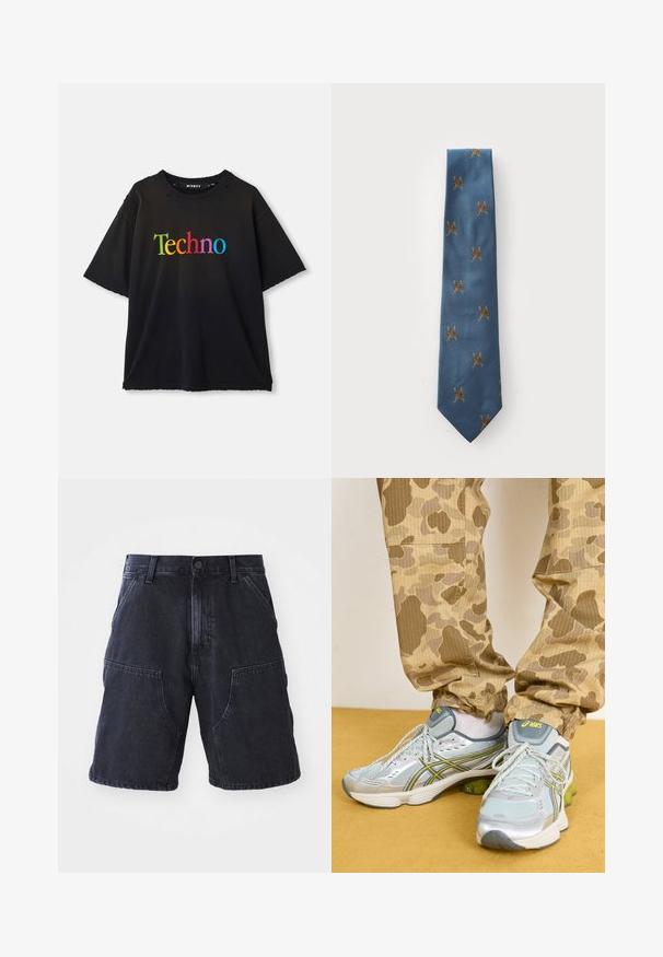 Fekete, rövid ujjú póló, amelyen nagy, színes betűkkel a "Techno" felirat található a mellkas részén, finom kopásokkal a nyakkivágásnál.; Sötét farmer rövidnadrág, egyenes szabással, nagy elülső zsebekkel és gombos záródással; sima tapintás és minimális varrási részletek.; Világosszürke sportcipők ezüst részletekkel, zöld párnázási kiemelésekkel és texturált hálós felső résszel, bézs terepmintás nadrággal párosítva.; Keskeny kék selyemnyakkendő texturált felülettel, arany hímzett mozgó alakokkal, amelyek szétszórtan találhatók rajta.