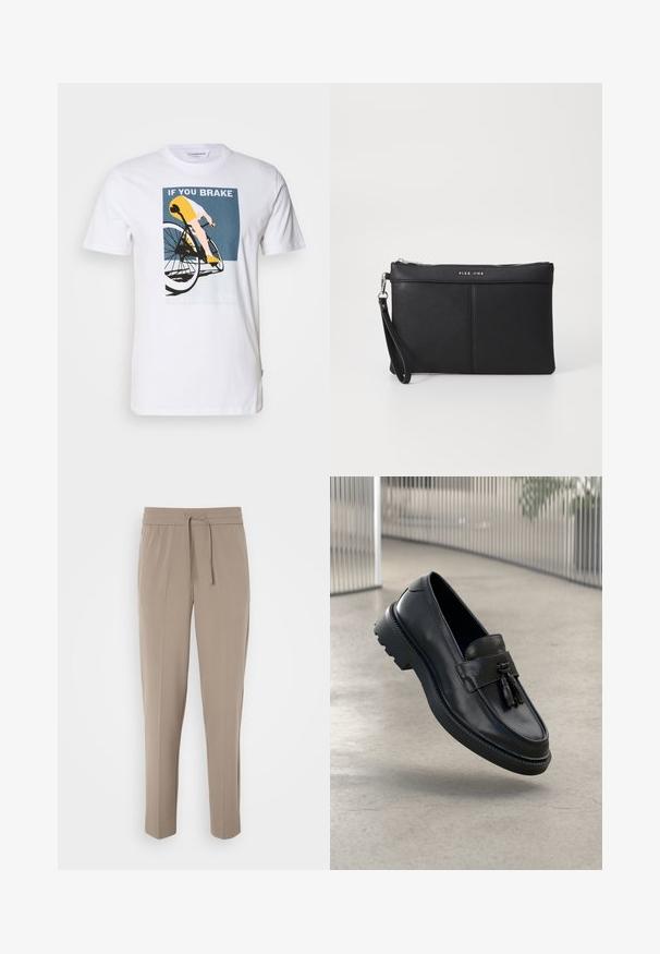 Bílý bavlněný tričko s grafikou bicyklu. Design obsahuje cyklistu v žluté a modré barvě s textem: "KDYŽ ZASTAVÍŠ, NEVYHRAJEŠ."; Světlé béžové kalhoty s elastickým pasem, nastavitelnou šňůrkou a zúženými nohavicemi. Tkanina vypadá hladce s jemným leskem.; Černé kožené mokasíny s hladkým povrchem, dekorativní střapec, silná gumová podrážka a prošité detaily. Lehký a elegantní design.; Černá syntetická kabelka s uzávěrem na zip, rukávovou šňůrkou a hladkým povrchem. Obsahuje jemné prošívání a logo vyražené na přední straně.