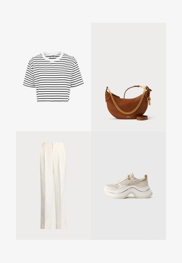 Balta īsā krekls ar melnu horizontālu svītru, apaļa kakla izgriezums un īsām piedurknēm. Izgatavots no kokvilnas auduma, gluda tekstūra.; Polo Ralph Lauren HEMP WIDE LEG PANT - Auduma bikses - nevis; Bēša un zelta platforma kedu ar "MK" rakstu, auklēm, zelta piekariņu un biezu viļņotu zolīti uz vienkārša fona.; Brūns ādas rokassomu ar izliekta dizaina, zelta ķēdes siksnu, iekšējo kabatu un noņemamu plecu siksnu. Ievērojama kontrastējoša šuvuma detaļa.