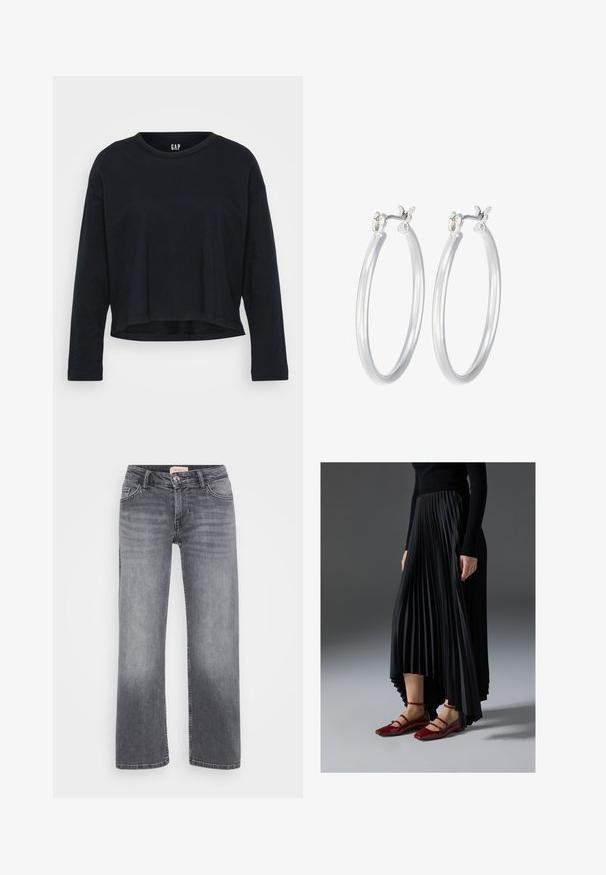 GAP Petite TEE - Pitkähihainen paita - true black; Harmaat farkut, suoran lahkeen muotoilulla, viidellä taskulla, hienovaraisella haalistumisella ja nappikiinnityksellä vyötäröllä.; Musta pleatattu hame, jossa on korkea-matala helma, yhdistettynä kiiltäviin punaisiin ballerinoihin, joissa on nauhasuunnittelu. Kangas on sileä.; Hope-silver rengas, joissa on sileä ja kiillotettu pinta. Pyöreä muoto ja turvallinen napsautettava lukitus. Kevyt muotoilu sopii päivittäiseen käyttöön.