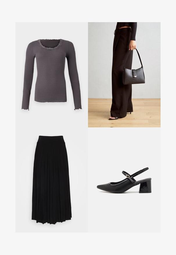 Rosemunde BABETTE U NECK - Pikkade varrukatega topp - magnet; Must mustriga seelik kõrge ja veniva vöökohaga. Valmistatud pehmest kangast, millel on vertikaalsed volangid voolava silueti saavutamiseks.; Mustad läikivad nahast slingback-kõrged kontsad, millel on terav nina, ümar lõikekujundus ja blokknina. Omab kuldset nupu aktsenti.; Must musta kott, millel on struktureeritud kuju, sile tekstuur ja metallist klamber. Kombineeritud laiate mustade pükstega ja avatud varvaste sandaalidega puidust põrandal.