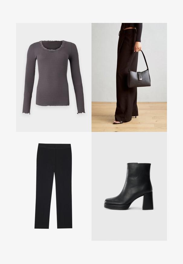 Rosemunde BABETTE U NECK - Pikkade varrukatega topp - magnet; Mustad püksid otse lõikega, küljetaskud ja sile kangatekstuur. Minimalistlik detailide valik, puhas vöökoht.; Must musta ankle boot, milleplokk-konts ja platvormi tallaga, vaadatud küljelt ühetoonilise valge tausta peal.; Must musta kott, millel on struktureeritud kuju, sile tekstuur ja metallist klamber. Kombineeritud laiate mustade pükstega ja avatud varvaste sandaalidega puidust põrandal.