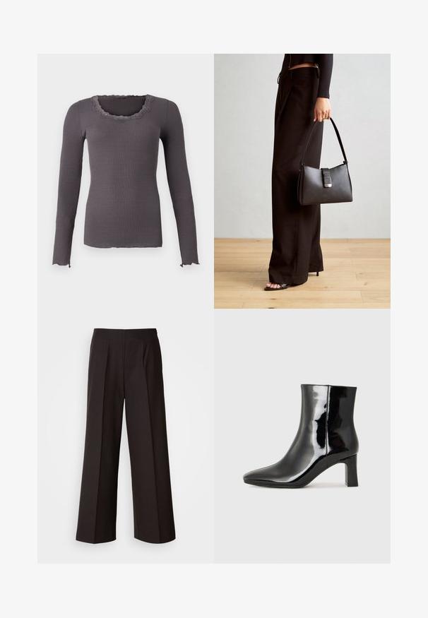 Rosemunde BABETTE U NECK - Top dugih rukava - magnet; Crne široke hlače s ravnim prednjim dijelom, plisëima i glatkom teksturom tkanine. Imaju visok struk i kroj prilagođen tijelu za strukturirani izgled.; Crne lakirane kožne gležnjače s šiljastim prstom i srednje visokom blok petom. Glatka tekstura i minimalistički dizajn.; Crna torba s oblikom koji sadrži strukturu, glađu teksturu i metalnu kopču. Uparena s širokim crnim hlačama i sandalama na otvorenom s drvenog poda.
