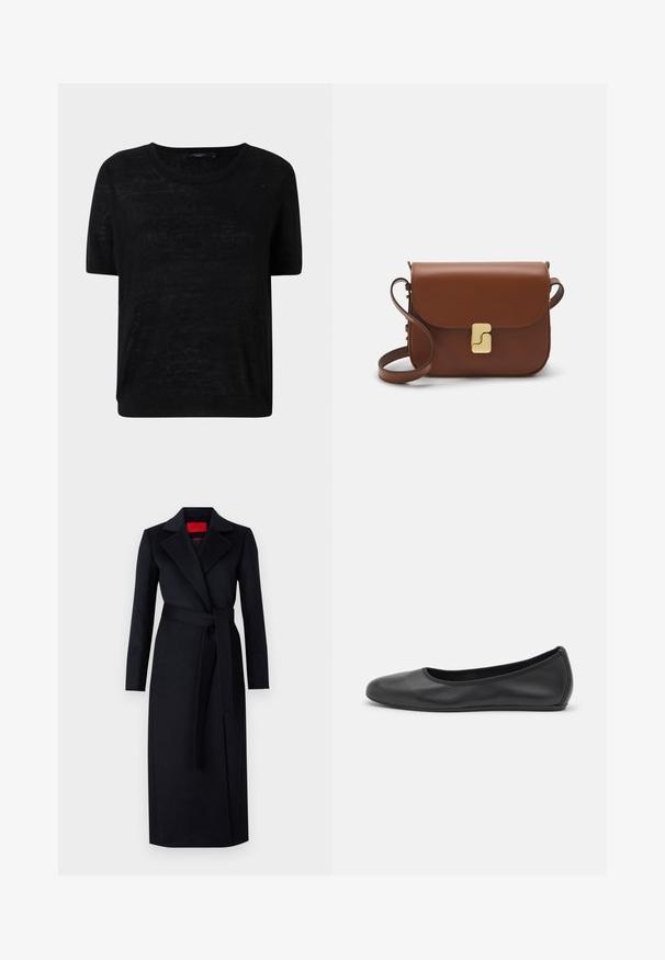 Black short-sleeve top made from a lightweight, slightly sheer fabric, featuring a round neck and a relaxed fit with ribbed hem details.; Black trench coat with long sleeves, wrap design, and matching belt. Made of smooth fabric, features a notched collar and side pockets.; Black leather ballet flat with a rounded toe, smooth texture, minimal stitching detail, and a flexible sole design.; Brown leather handbag with a flap closure, gold-tone hardware, a shoulder strap, and a smooth texture. Compact rectangular shape.