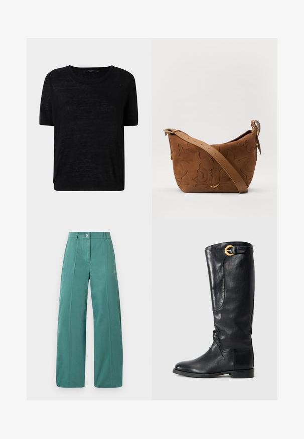 Top nero a maniche corte realizzato in un tessuto leggero e leggermente trasparente, caratterizzato da un collo rotondo e una vestibilità rilassata con dettagli a costine sull'orlo.; Pantaloni a gamba larga in tessuto teal morbido, con chiusura frontale a bottoni, pieghe nette e texture liscia. Design sartoriale con accentuazioni minime.; Stivale nero in pelle alta fino al ginocchio con punta tonda, chiusura stringata sul davanti, dettaglio laterale e una fibbia dorata accentata nella parte superiore. Texture liscia.; Borsa a spalla in suede marrone con design floreale impresso, completata da una morbida tracolla in pelle marrone e dettagli in metallo dorato.