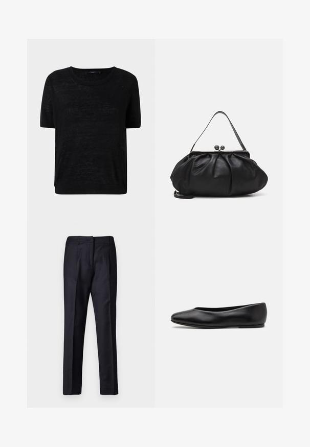 Černý krátký rukáv top vyrobený z lehké, mírně průhledné látky, s kulatým výstřihem a volným střihem s ribbovanými detaily na lemech.; Námořnické kalhoty s hladkou texturou, s plochým předním dílem, dvojitými záhyby a poutky na opasek. Rovný střih nohavic, zakončené lemováním.; Paul Smith TOPANGA - Klasické baleríny - black; Černá kožená kabelka s zaobleným, skládáním designem. Obsahuje kovový zavírač se dvěma dekorativními koulemi a tenkým, odnímatelným popruhem.