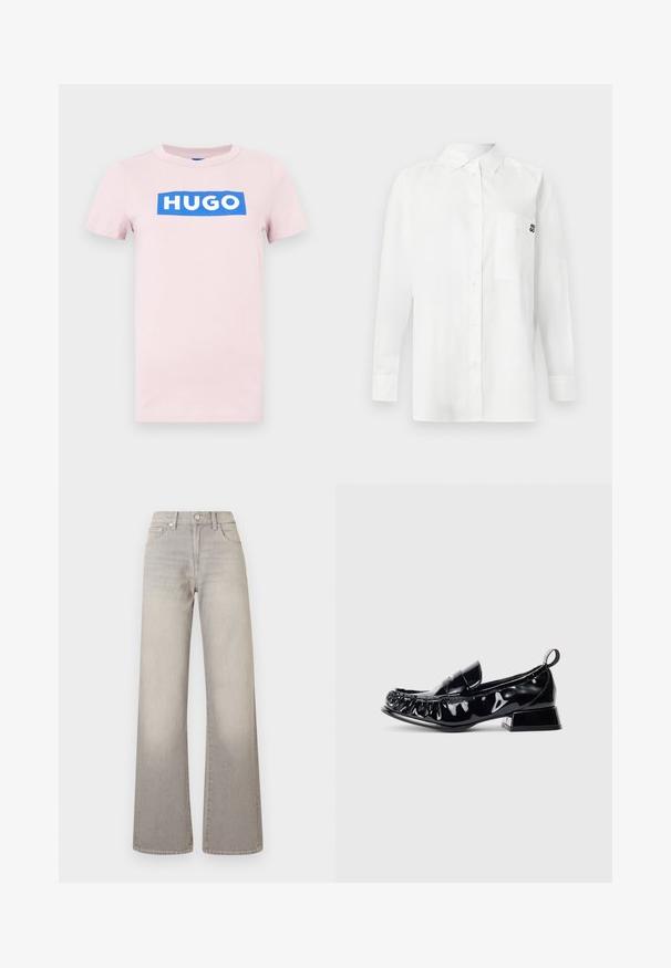 Pink cotton T-shirt with short sleeves, featuring a white "HUGO" logo in a blue rectangular background on the front. Regular fit, crew neck.; White long-sleeve shirt made of cotton-blend fabric, featuring a button-down collar, front pocket, and a small black logo on the chest.; Gray wide-leg jeans with a faded finish, button closure, five-pocket design, and stitched detailing along the seams.; Black patent leather loafer with square toe, gathered detailing, low block heel, and pull tab at the back on a white background.