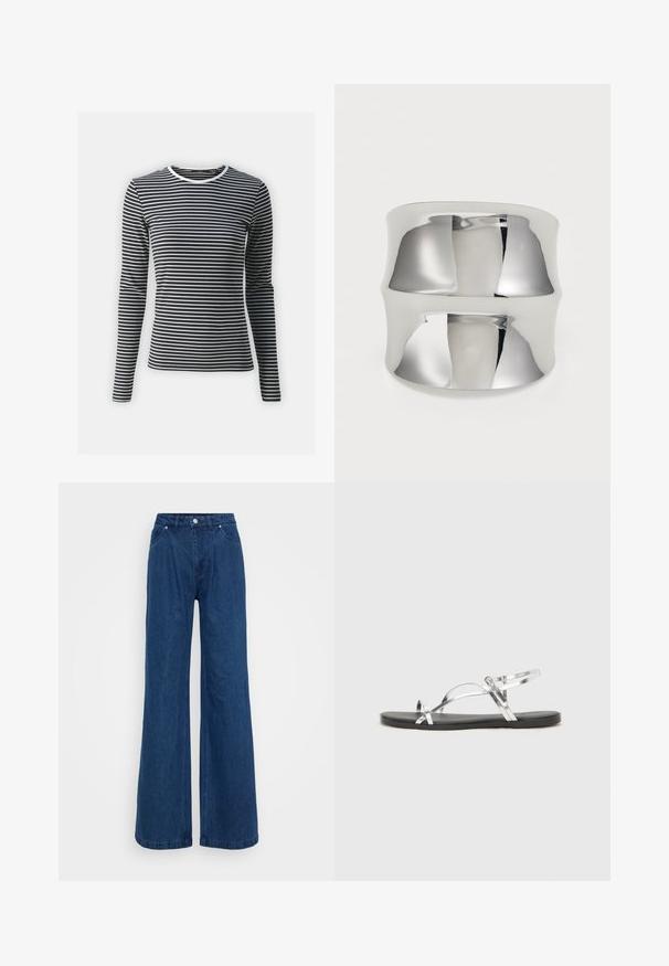 Långärmad topp i svart och vitt med horisontella ränder, med rundad halsringning och ribbad textur. Tillverkad av töjbart material.; Breda blå denimjeans med hög midja, framknäppning med knapp och dragkedja, samt fram- och bakfickor mot en neutral bakgrund.; Silverfärgade metalliska sandaler med en minimalistisk design, som har tunna remmar och en svart platt sula. Höjdpunkter inkluderar korsremmar.; Silverfärgad manschettring med en slät, reflekterande yta. Har en böjd design och bred band, vilket ger ett modernt, minimalistiskt utseende.