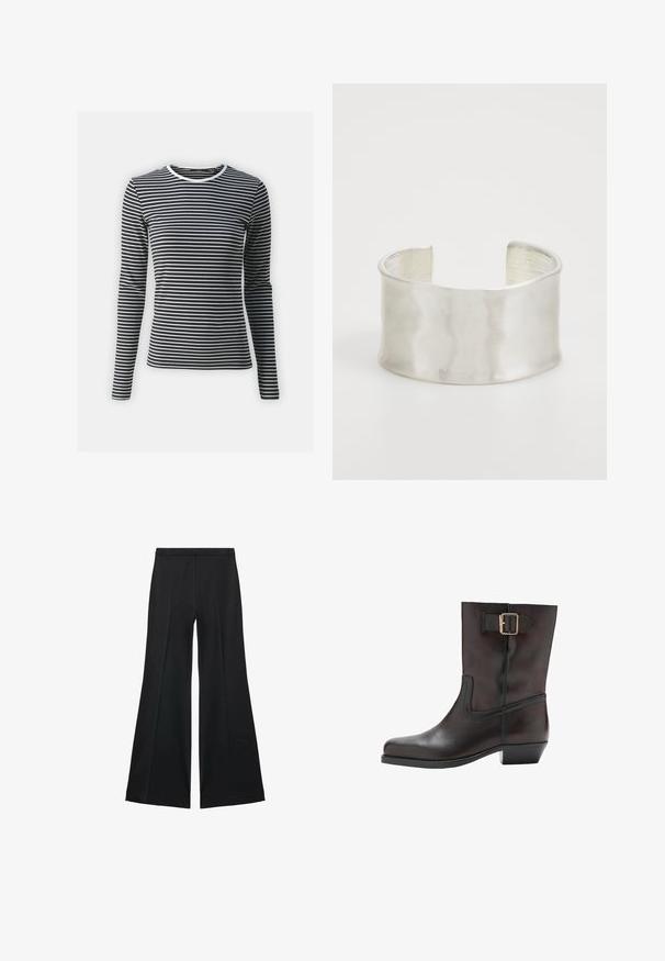 Bluză cu mânecă lungă, în dungi orizontale alb-negru, cu guler rotund și textură ribbed. Fabricată dintr-un material elastic.; Pantaloni negri cu croială largă, având o textură netedă, cu pliseuri frontale și un design croit. Materialul este ușor și fluid.; Botină neagră din piele, cu vârf rotund, toc mic pătrat, panou elastic lateral și un detaliu din aur pe brățara de la glezna.; Zign Brăţară - silver-coloured