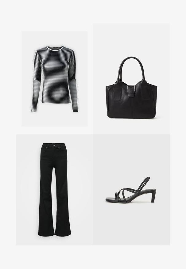 Long-sleeve top in black and white horizontal stripes, featuring a round neckline and ribbed texture. Made from stretchable fabric.; Black flared jeans made from denim, featuring a high waist, five pockets, and metal button closure. Smooth texture with minimal detailing.; Black strappy sandal with a square toe and a low block heel. Features multiple thin straps and an adjustable ankle strap. Made of smooth leather.; Black leather tote bag with smooth texture, structured shape, two handles, and a prominent silver buckle detail on the front.
