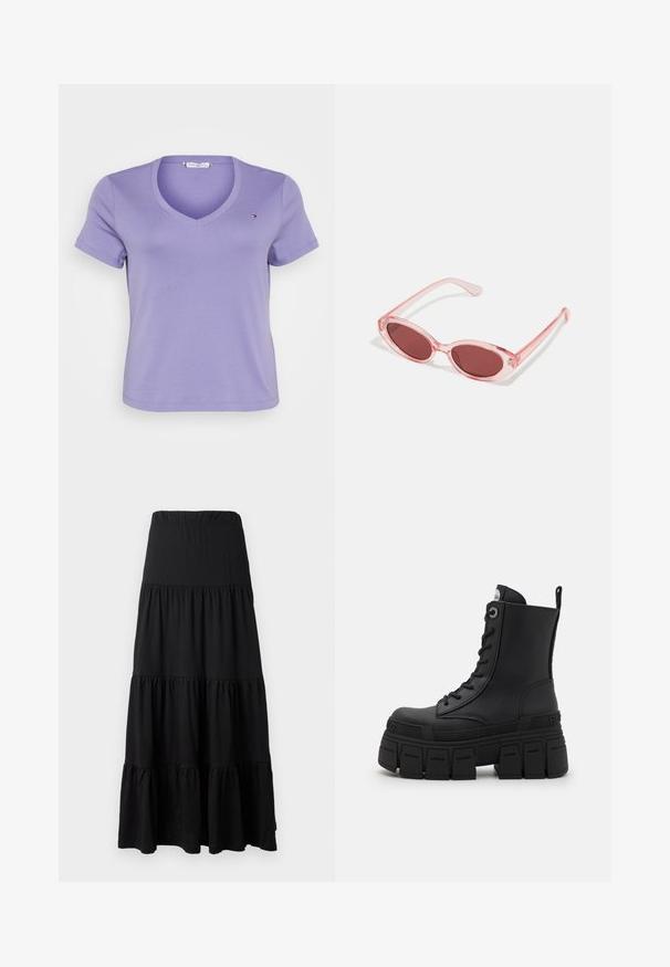 Lila V-Ausschnitt T-Shirt aus weicher Baumwolle, mit kurzen Ärmeln und einem kleinen Logoakzent auf der linken Brustseite. Schlichtes Design.; Schwarzer Maxirock aus weichem Stoff, mit einem gestuften Design, einem elastischen Taillenbund und Rüschelementen am Saum.; Buffalo GOSPHER LACE UP MID - Schnürstiefelette - black; Pink transparente Sonnenbrille mit ovalen Gläsern, dunkler roter Tönung und schlanken Bügeln, ausgestattet mit einer glatten Oberfläche und dezenten Details am Rahmen.
