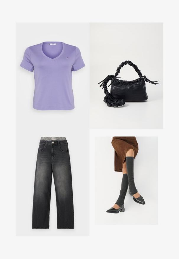 Purpurinis V formos kaklo marškinėlis, pagamintas iš minkštos medvilnės, su trumpomis rankovėmis ir mažuoju logotipu kairėje krūtinės pusėje. Paprastas dizainas.; Juodi džinsai su plačiomis kojomis ir houndstooth rašto juosmeniu. Pirmuose kišenėse ir su mygtuko uždarymu. Dėvėtas tekstūras.; Juodi lakuoti odiniai batai su aštriu kuma ir bloko kulnu, derinami su pilkais riebiais kojų šildytuvais ir rudais zomšiniais sijonais.; Juodas dirbtinės odos rankinė su krokodilo tekstūra, sušnibždinta viršuje ir susikraipytu dirželiu. Atrodo minkšta ir kompaktiška.