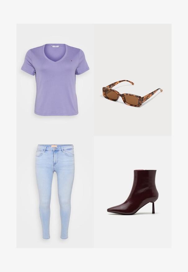 V-neck purple t-shirt made of soft cotton, featuring short sleeves and a small logo accent on the left chest area. Simple design.; Light blue skinny jeans made of denim. Features front pockets and a zip fly with button closure. Smooth texture and tapered leg design.; Burgundy patent leather ankle boot with a pointed toe and a slim stiletto heel, featuring a smooth, glossy texture and minimalistic design.; Tortoiseshell sunglasses with rectangular brown lenses, a thick frame, and slim arms featuring a pattern of varying shades of brown.