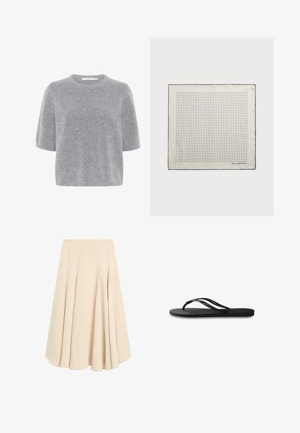 Gray short-sleeve sweater made of soft, textured fabric with a round neckline and a relaxed fit. Lightweight and versatile design.; Beige midi-length A-line skirt with pleats, made of lightweight fabric, featuring a smooth waistband and flared hem.; Black flip-flop featuring a textured rubber sole, two slender straps, and a subtle, embossed logo detail on the strap.; Silk scarf in cream with a navy border, featuring evenly spaced navy dots forming a pattern. Signature printed in the corner.; Brown suede handbag with a structured shape, silver logo hardware, short handle, and a detachable shoulder strap. Smooth texture, minimalist design.
