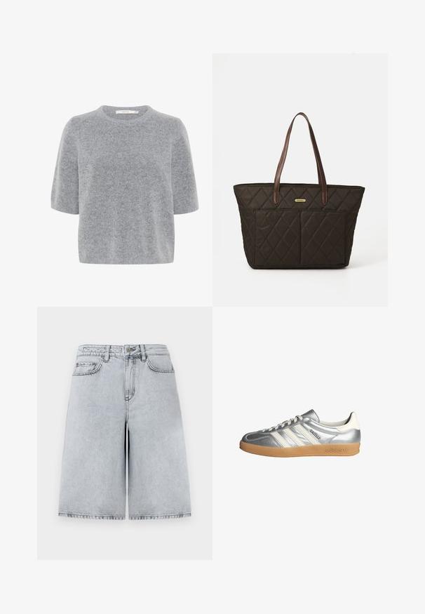 Gray short-sleeve sweater made of soft, textured fabric with a round neckline and a relaxed fit. Lightweight and versatile design.; Light gray denim shorts with a relaxed fit, featuring a high waist, five pockets, and a straight cut. Clean, minimal stitching details.; Silver sneakers with white accents, featuring three stripes, a rounded toe, and a gum rubber sole. Textured metallic material.; Quilted dark brown tote bag with two large front pockets, leather handles, and small gold brand label at top center.