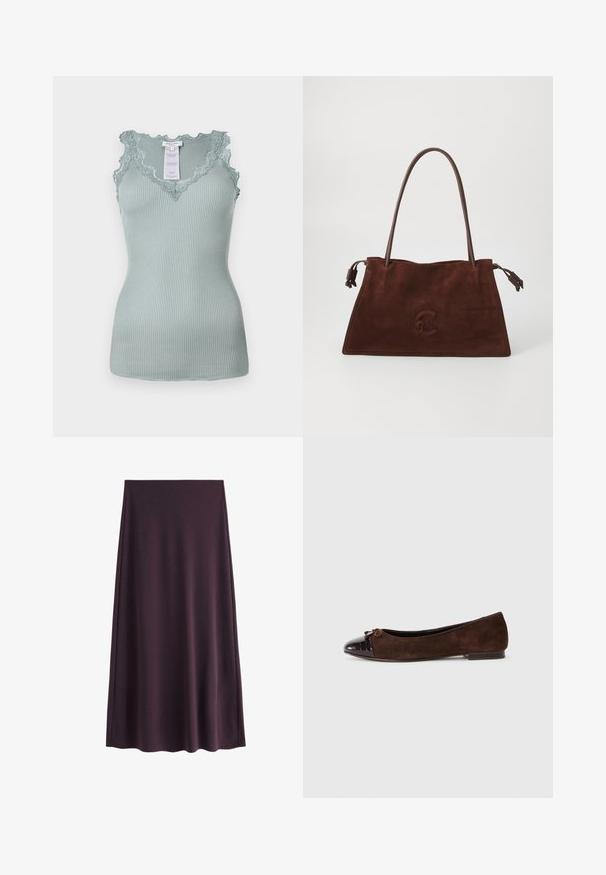 Světle teal lehký top bez rukávů s žebrovaným vzorem a okrajem z krajky. Materiál je pružný s hladkým povrchem. Štítek viditelný uvnitř.; Fialová suknička vyrobená z hladkého materiálu, s A-liniovou siluetou a délkou po kolena, bez viditelných vzorů nebo zapínání.; Hnědé semišové baleríny s lesklou tmavě hnědou lakovanou špičkou a malou mašlí na přední straně. Plochý podpatek.; Hnědá semišová taška přes rameno s dvojitými koženými uchy, měkkou texturou, plochým tvarem a jemně embosovaným logem na přední straně.