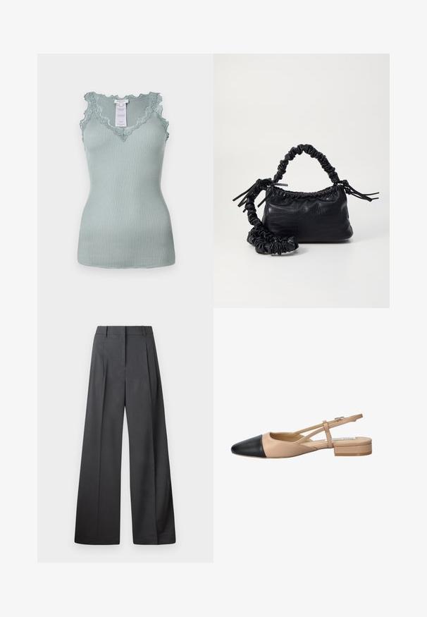Ribkovaný svetlo tyrkysový tielko so zúbkovaným krajkovým lemovaním výstrihu a ramienok. Materiál je elastický a má hladkú textúru. Visačka viditeľná vo vnútri.; Nohavice s širokými nohavicami z tmavošedej látky, s vysokým pásom, jedinými záhybmi a hladkou textúrou s čistým zakončením na lemoch.; Bežovo-čierne dvojfarebné slingback topánky s špicatou špičkou, plochým podpätkom a prekríženými detailmi remienkov. Hladká kožená textúra.; Čierna umelá kožená kabelka s kroko vzorom, sťahovaným vrchom a zhnutým popruhom. Vyzerá mäkko a kompaktné v dizajne.