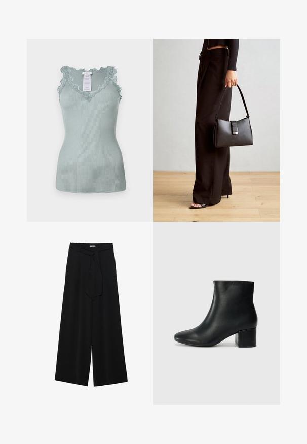 Csíkos világoskék ujjatlan felső, amelynek a nyakrésze és a pántjai csipkés fodrokkal díszítettek. Az anyag rugalmassága miatt sima tapintású. Betét látható a belsejében.; Fekete, bő szárú nadrág, texturált anyagból, rugalmas derékpánttal és levehető sállal a derekán, amely állítható illeszkedést biztosít.; Fekete bőr bokacsizma hegyes orral és vastag sarokkal. Sima felület minimális díszítéssel és karcsú, passzos kialakítással.; Fekete kézi táska strukturált formával, sima textúrával és fémből készült záródással. Széles fekete nadrággal és nyitott orrú szandállal párosítva, fából készült padlón.