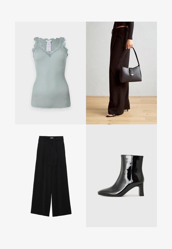 Ribbed, jasnoniebieski top na ramiączkach z falbaną i koronkowym wykończeniem wokół dekoltu. Materiał elastyczny, o gładkiej teksturze. Widoczna metka wewnątrz.; Czarne spodnie szerokie z teksturowanej tkaniny, z elastycznym paskiem w talii i odpinanym paskiem w talii dla regulowanego dopasowania.; Czarne lakierowane botki za kostkę z wysmukłym noskiem i średniej wysokości obcasem w kształcie słupka. Gładka tekstura i minimalistyczny design.; Czarna torebka o usztywnionym kształcie, gładkiej fakturze i metalowym zapięciem. Połączona z szerokimi czarnymi spodniami i sandałami na otwartym palcu na drewnianej podłodze.