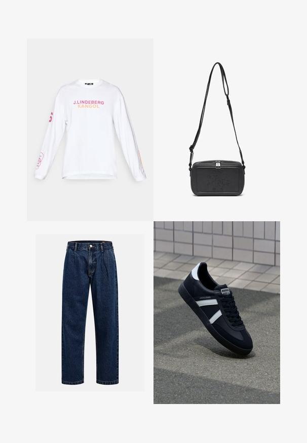 Biela košeľa s dlhým rukávom s nápisom "J. LINDEBERG KANGOL" v ružovej a oranžovej farbe. Na ľavom rukáve je ružový grafický detail. Vyrobené z bavlny.; Tmavo modré džínsy s rovnými nohavicami. Obsahujú viditeľné švy, zapínanie na gombík a predné skladanie pre zvýraznenie detailov.; Čierne kožené tenisky s bielymi pruhmi, textúrovanou gumovou podrážkou a šnurovaním vpredu. Obsahujú označenie značky na jazyku.; Čierna kožená crossbody taška so zipsom, s embosovaným logom na prednej strane a nastaviteľným popruhom. Hladká textura a obdlžníkový tvar.