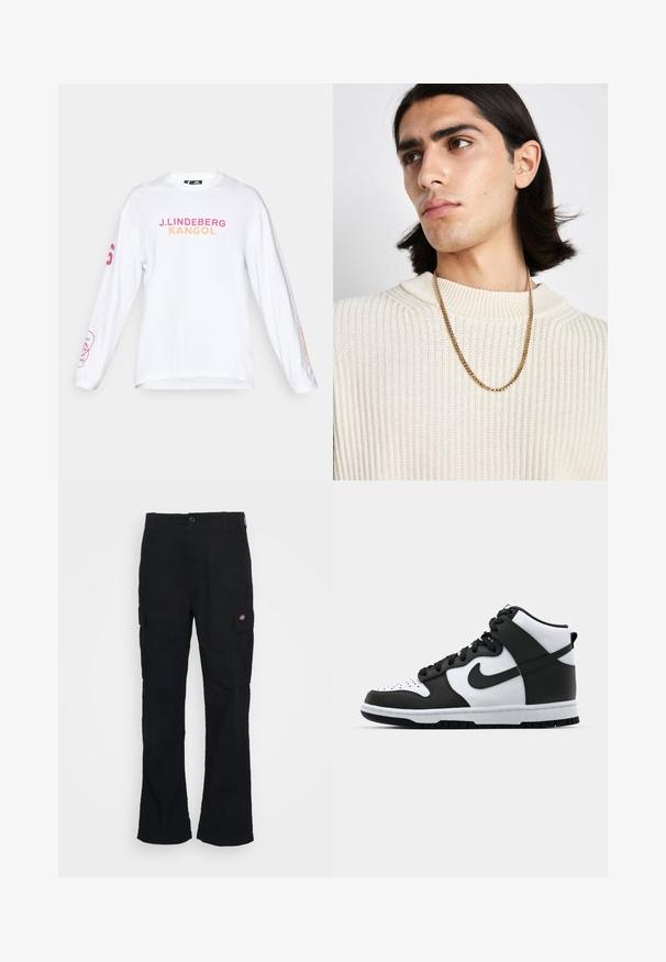 Balts garais piedurknes krekls ar "J. LINDEBERG KANGOL" tekstu rozā un oranžā krāsā. Kreisajā piedurknē ir rozā grafiskais elements. Kokvilnas materiāls.; Melni cargo bikses ar taisnu kāju dizainu, izgatavotas no izturīga auduma, ar sānu kabatām un plāksteri ar logotipu pa kreisi.; Melnbaltas augstās kedas ar ādas virsmu, perforētu purngala daļu, izteiksmīgu Swoosh logotipu un teksturētu gumijas zoli.; Zelta ķēdes kaklarota uzvilkta virs krēmkrāsas ribota džempera; mīksta tekstūra ar augstu apkakli un smalku rakstu audumā.