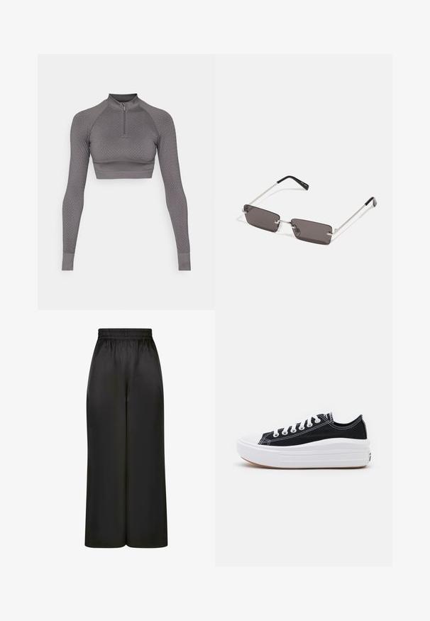 Sivi krojeni dugo rukav top s polu patentnim zatvaračem, teksturiranim uzorkom i prilagođenim dizajnom; ima rebraste manžete i visok ovratnik.; Crne široke hlače napravljene od glatkog, sjajnog materijala s elastičnim pojasom i bez vidljivih džepova ili metalnih detalja.; Crne platnene tenisice s bijelim vezicama, bijelim gumastim vrhom i debelim bijelim međusolom. Imaju suptilnu bijelu šav, a đon je od gume.; Naočale s pravokutnim, tamnosivim lećama, srebrnim metalnim okvirom i crnim plastičnim vrhovima na ručkama. Lagani dizajn s jastučićima za nos.