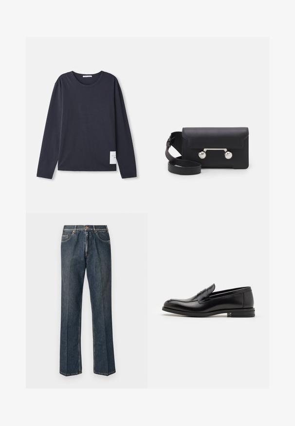 Dlhý rukáv, tričko s okrúhlym výstrihom v tmavomodrej bavlne s jemnou textúrou, s malou bielou etikettou na ľavej strane.; Tmavomodré rovné džínsy s predným gombíkom, zipsom, dvojitými prednými vreckami a viditeľnými vertikálnymi pukmi pozdĺž nohavíc.; Čierne kožené mokasíny s hladkou textúrou, zaoblenou špičkou a dekoračným pásikom cez priehlavok. Nízky vrstvený opätok, minimalistický dizajn.; Čierna kožená crossbody taška s klopovým uzáverom, strieborné nity a dve okrúhle ozdoby. Obsahuje odnímateľný popruh. Hladký povrch.