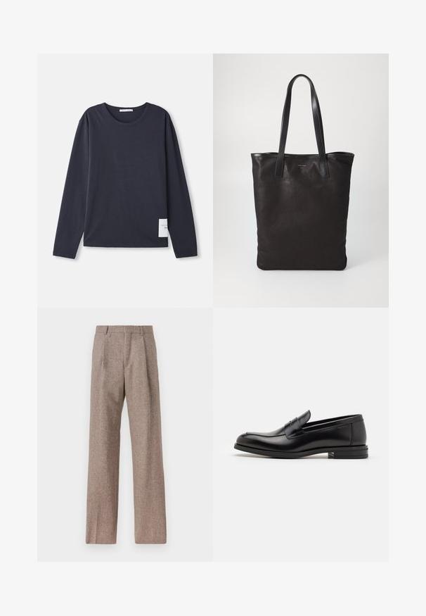 Long-sleeve, round-neck t-shirt in dark navy cotton with a soft texture, featuring a small white tag on the left side.; Brown, high-waisted trousers made of textured fabric. Features wide legs and two front pleats for structure. Neat finish with no visible hardware.; Black leather loafers with a smooth texture, rounded toe, and a decorative strap across the vamp. Low stacked heel, minimalist design.; Black canvas tote bag with black leather handles. Simple design, spacious body, and a smooth texture. No visible logos or patterns.