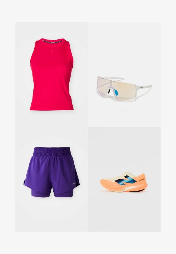 Rode sportieve tanktop met een geribde textuur, ronde hals en een subtiel logo aan de voorkant. Beschikt over een merklabel in de binnenkant van de hals in het zwart.; Paarse hardloopshorts met dubbele laag, voorzien van een elastische tailleband en een klein zilveren Nike swoosh op de onderkant van de linkerzoom.; Hardloopschoen met een lichtgewicht crèmekleurige bovenkant, blauwe branding en oranje accenten op de zool. Mesh textuur voor ademend vermogen.; Witte, omrande zonnebril met grote, gradient glazen die een tint van roze naar lichtoranje hebben, aangevuld met een blauwe neussteun en logo-details.