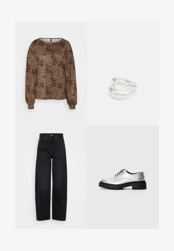 Brūns garo piedurkņu džemperis ar melnu leopardu rakstu, plats apkakles izgriezums un elastīgas aproces. Mīksts, teksturēts audums ar brīvu piegriezumu.; Plati melni džinsi ar augstu jostasvietu, piecām kabatām, sudraba pogām un kniedēm, gludu tekstūru un kontrastējošiem vīļu izšuvumiem.; Sudraba ādas oksfordas apavi ar apaļu purngalu, melnu gumijas zoli un melnu auklu. Iezīmē minimālu šķīvju detaļu gar malām.; Sudraba divu joslu gredzens ar gludu, pulētu virsmu. Iezīmējas ar plūstošu, izliekta dizaina struktūru ar pārklājošām sekcijām modernam izskatam.
