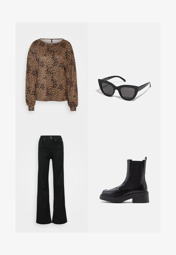 Hnedý sveter s dlhým rukávom, ktorý má čierny leopardí vzor, široký výstrih a elastické manžety. Mäkka textúrovaná látka s voľným strihom.; Čierne rozšírené džínsy vyrobené z denimu, s vysokým pásom, piatimi vreckami a kovovým zapínaním. Hladká textúra s minimálnym zdobením.; Čierne chelsea topánky s hrubým podpätkom, s lesklým koženým zvrškom a elastickými bočnými panelmi pre jednoduché obúvanie. Pevná gumová podrážka.; Čierne slnečné okuliare v štýle mačacích očí s matným povrchom, so šedými tónovanými sklami, ostrými hranami a elegantnými bokovými ramenami. Názov značky je viditeľný na vnútornom ramene.